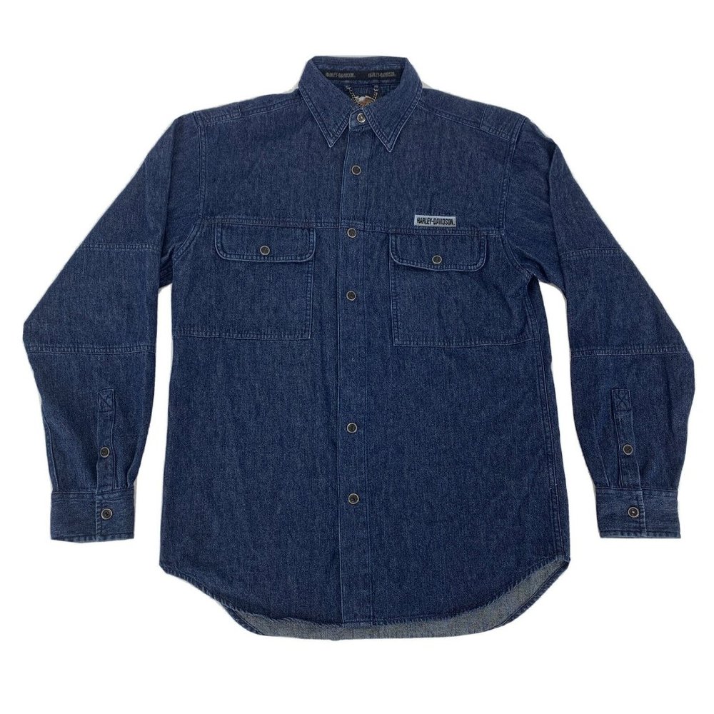 Men's Harley Davidson HD Long Sleeve Snap Button Denim Shirt‎ Jacket Dark Wash S